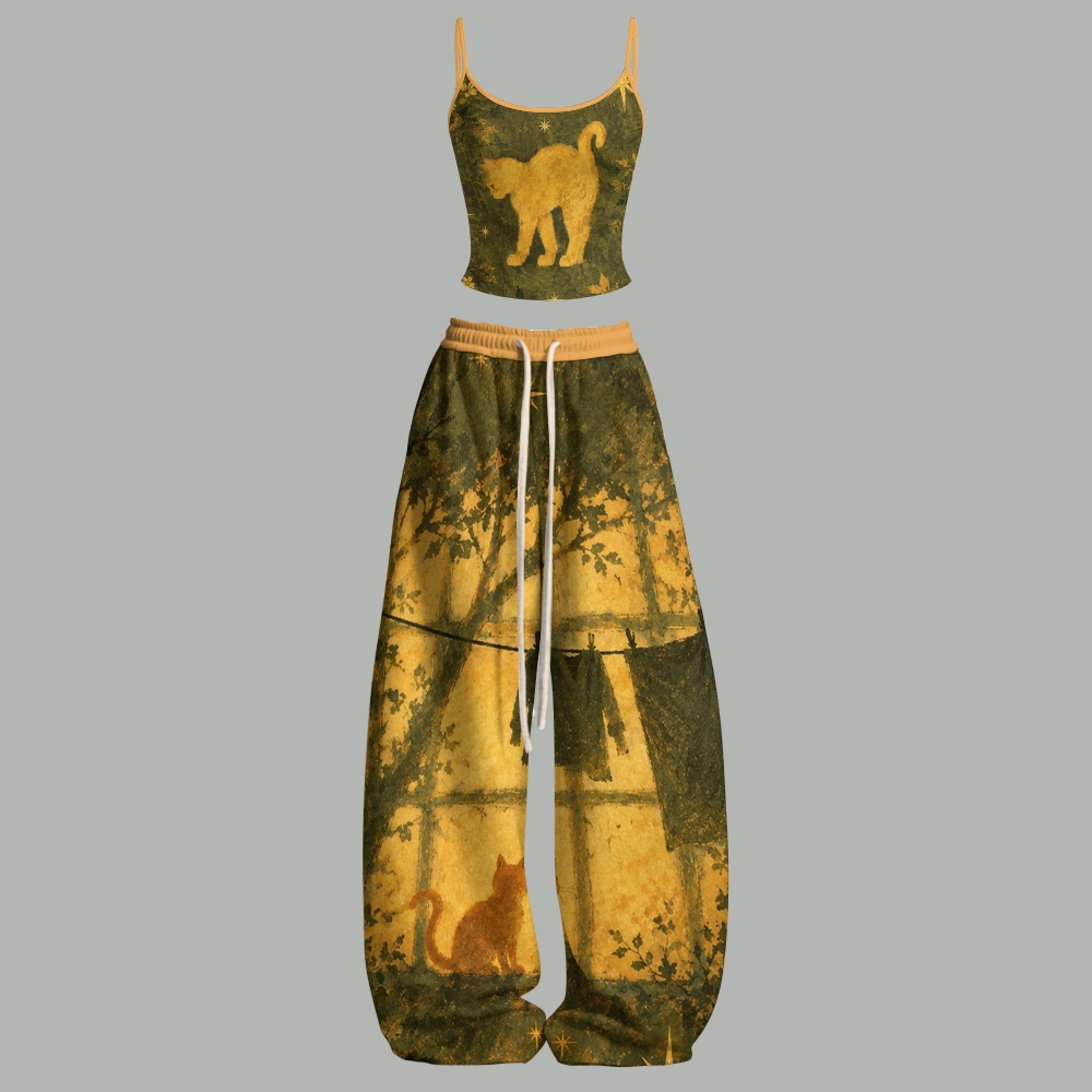 Vintage Forest Cat Art Print Top & Elasticated Trousers Two-Piece Set
