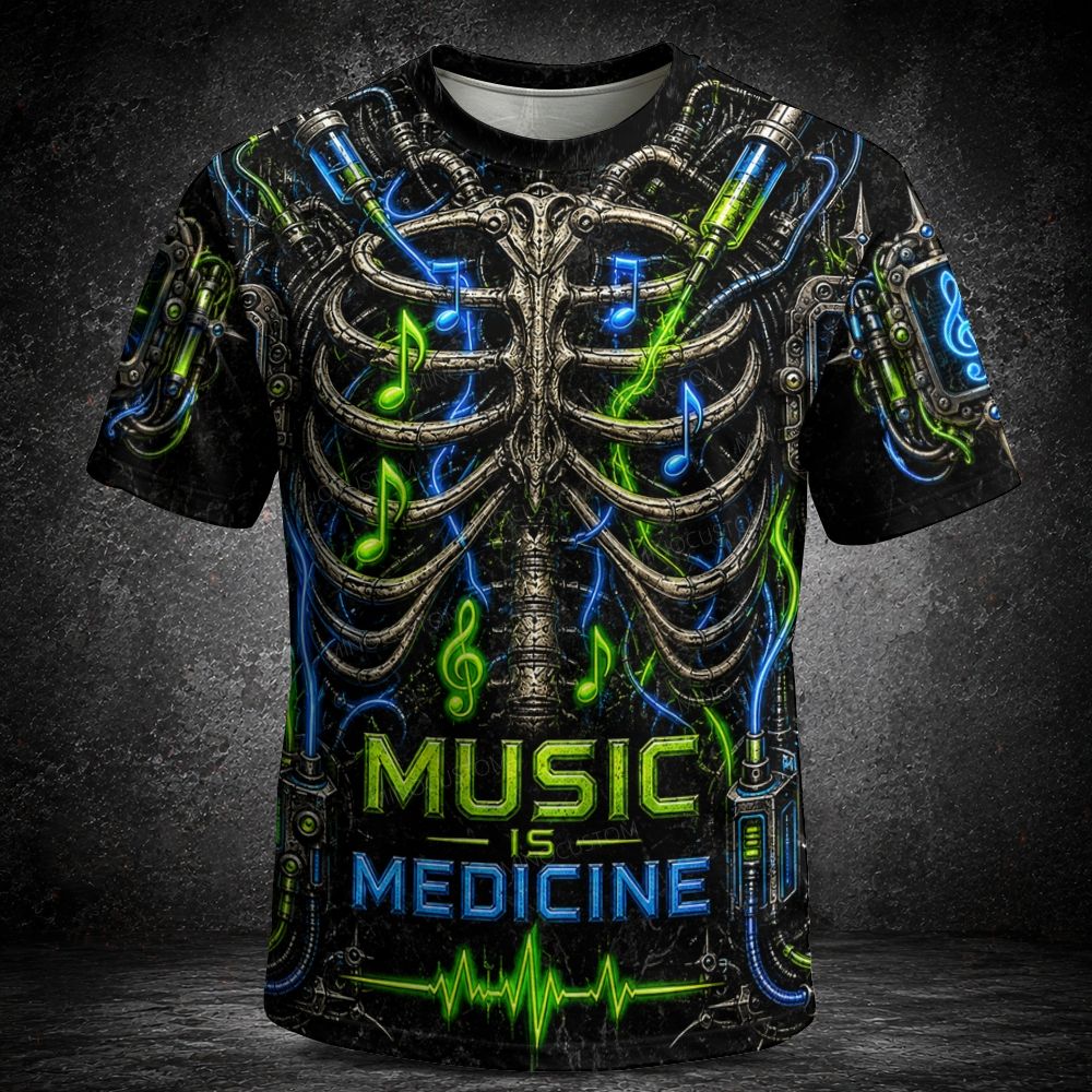 Men's Halloween "Music is the Best Medicine" Themed Mechanical Ribs and Syringe Graphic Short Sleeve T-shirt 