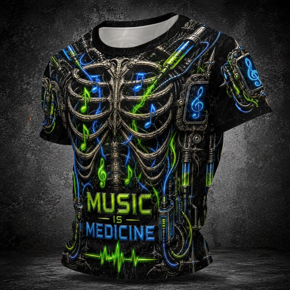Men's Halloween "Music is the Best Medicine" Themed Mechanical Ribs and Syringe Graphic Short Sleeve T-shirt 