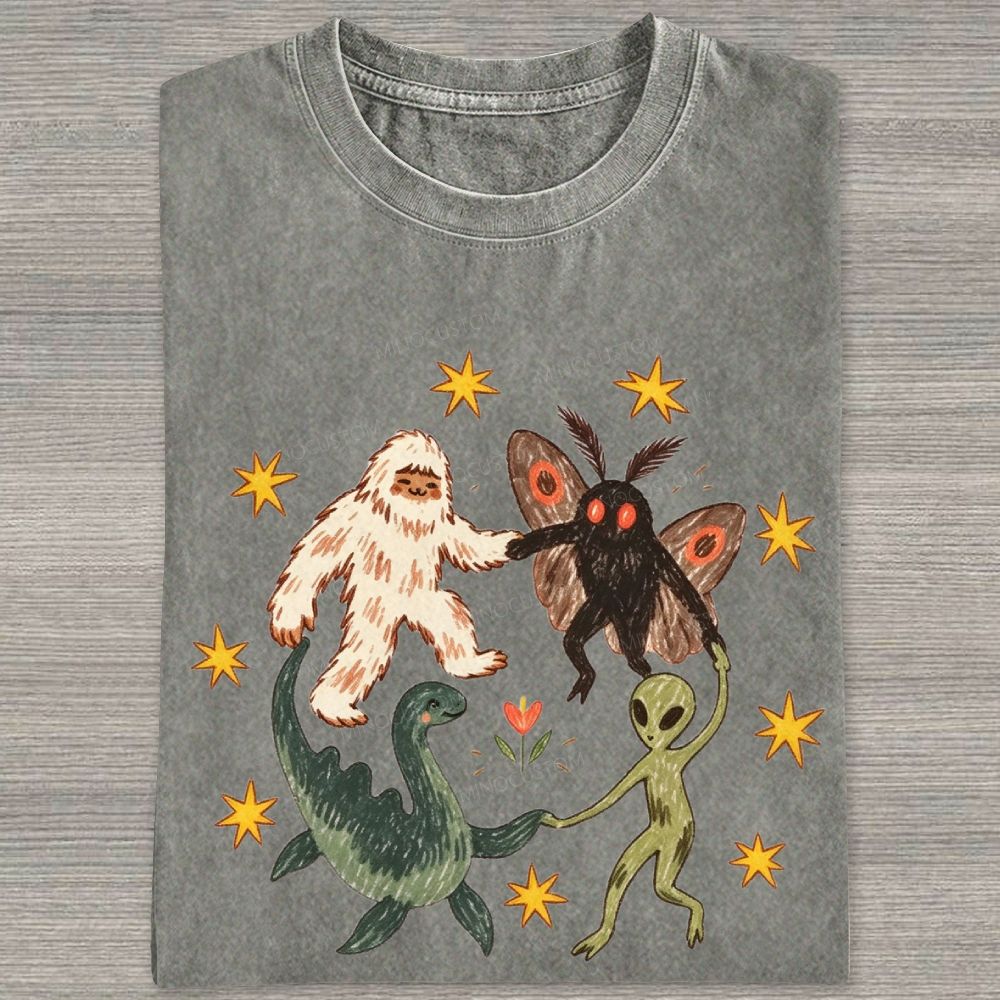 Cryptid Creatures Party  Bigfoot Mothman Loch Ness Monster Alien Washed T-shirt