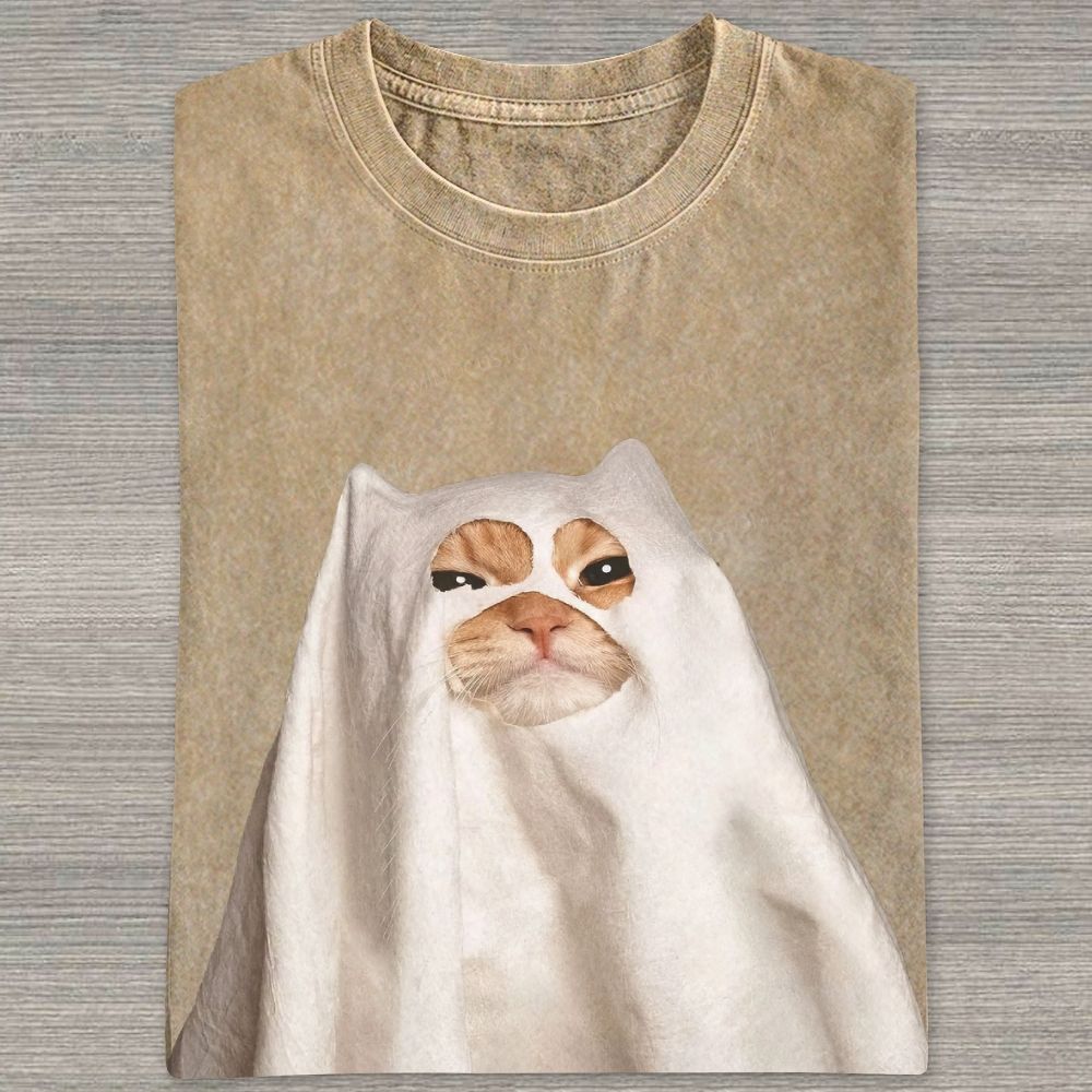Cat Ghost Graphic Halloween Washed T-shirt
