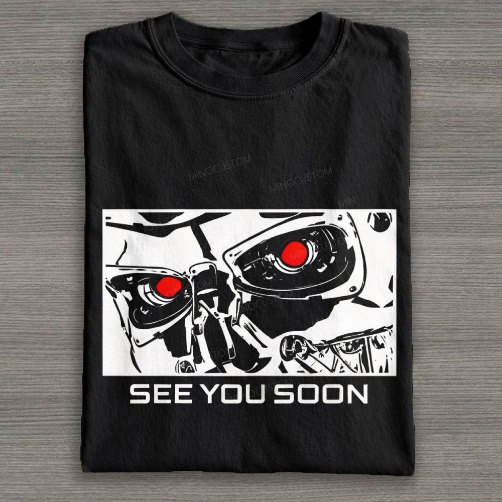 See You Soon Red Eye Robot Skull Cotton T-shirt