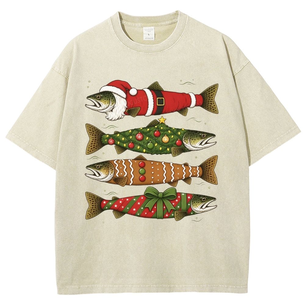 Funny Christmas Trout Fish Graphic Unisex Fit Washed T-Shirt