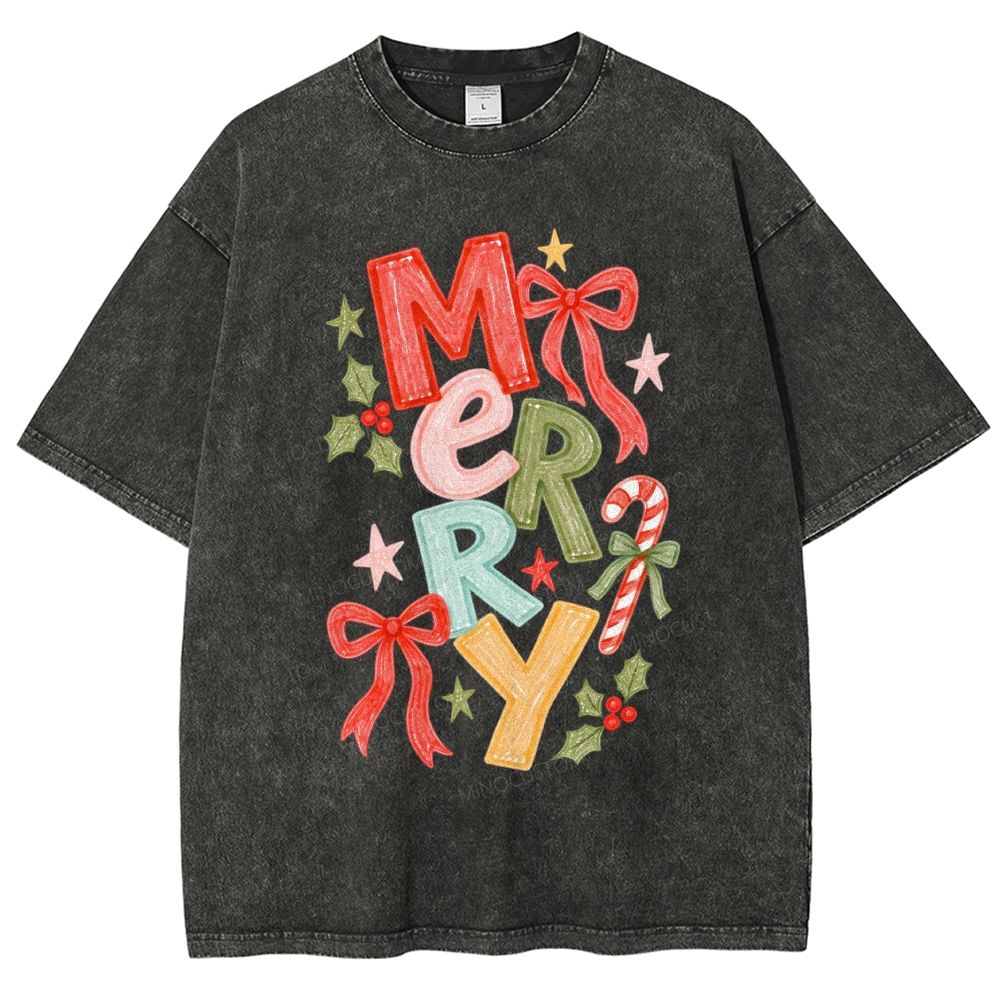 Cute Winter Colorful Merry Christmas Bow Holly Candy Cane  Unisex Fit Washed T-Shirt