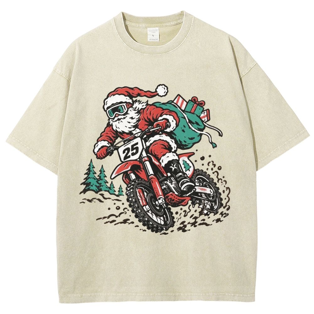 Cool Motocross Santa Dirt Bike Christmas Unisex Fit Washed T-Shirt