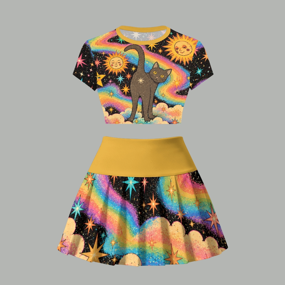 Rainbow Galaxy Black Cat Sun Star Two Piece Skirt Set For Women