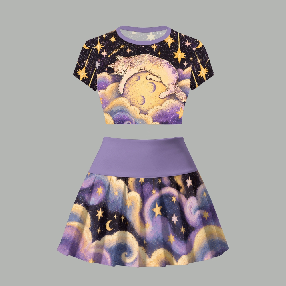 Celestial Sleeping Cat On Moon Two Piece Skirt Set For Women