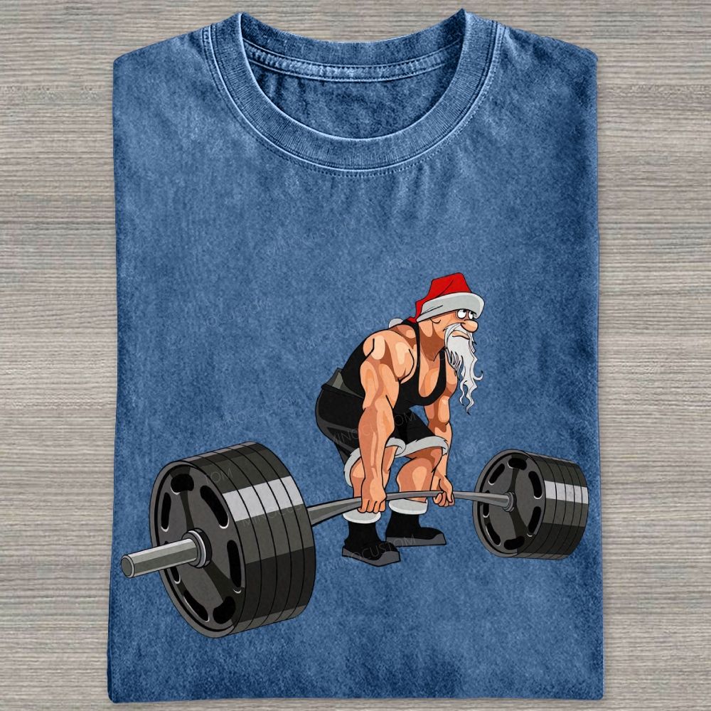 Gym Santa Deadlift Weightlifting Christmas Washed T-shirt Washed T-shirt