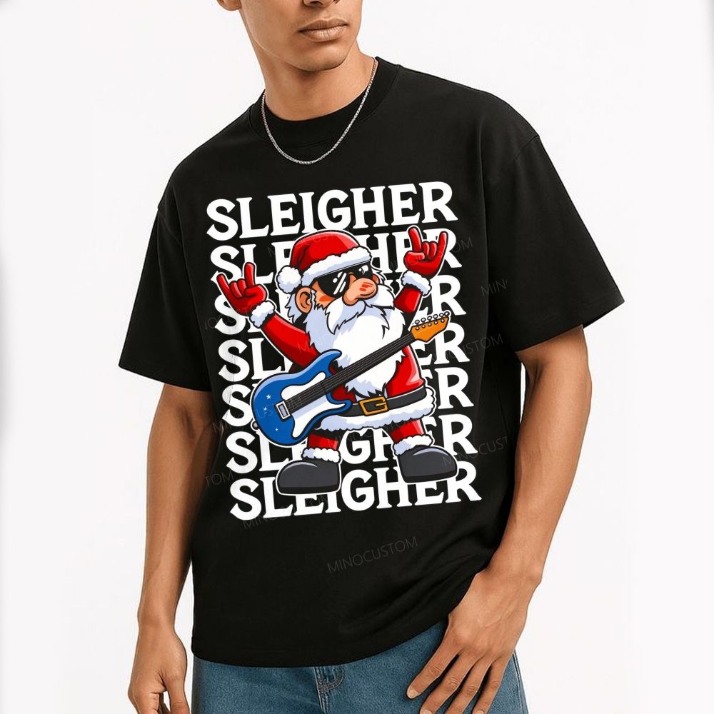 Heavy Metal Christmas Sleigher Rock Santa Guitar  Cotton T-Shirt