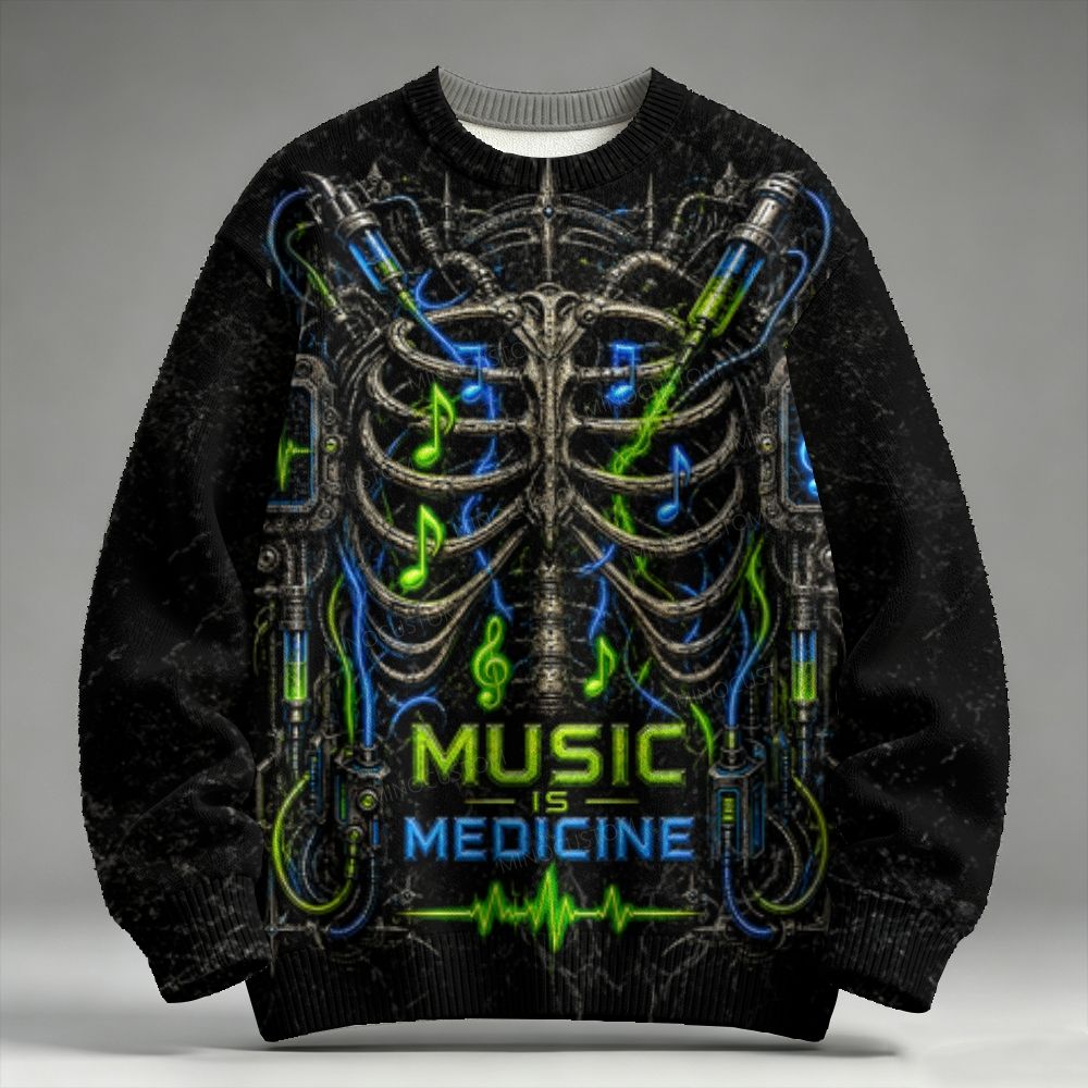 Men's Halloween "Music is the Best Medicine" Themed Mechanical Ribs and Syringe Graphic Raglan Sweater