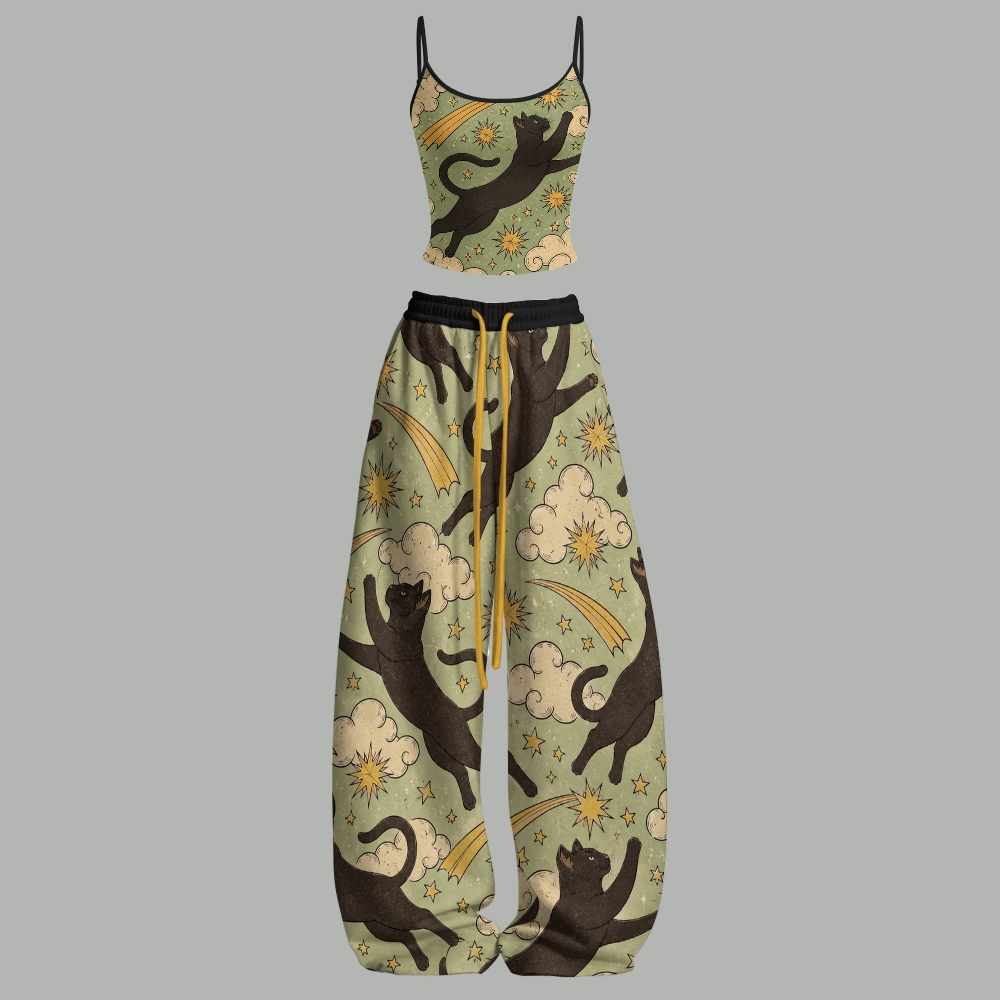 Vintage Black Cat Shooting Star Cloud Top & Elasticated Trousers Two-Piece Set