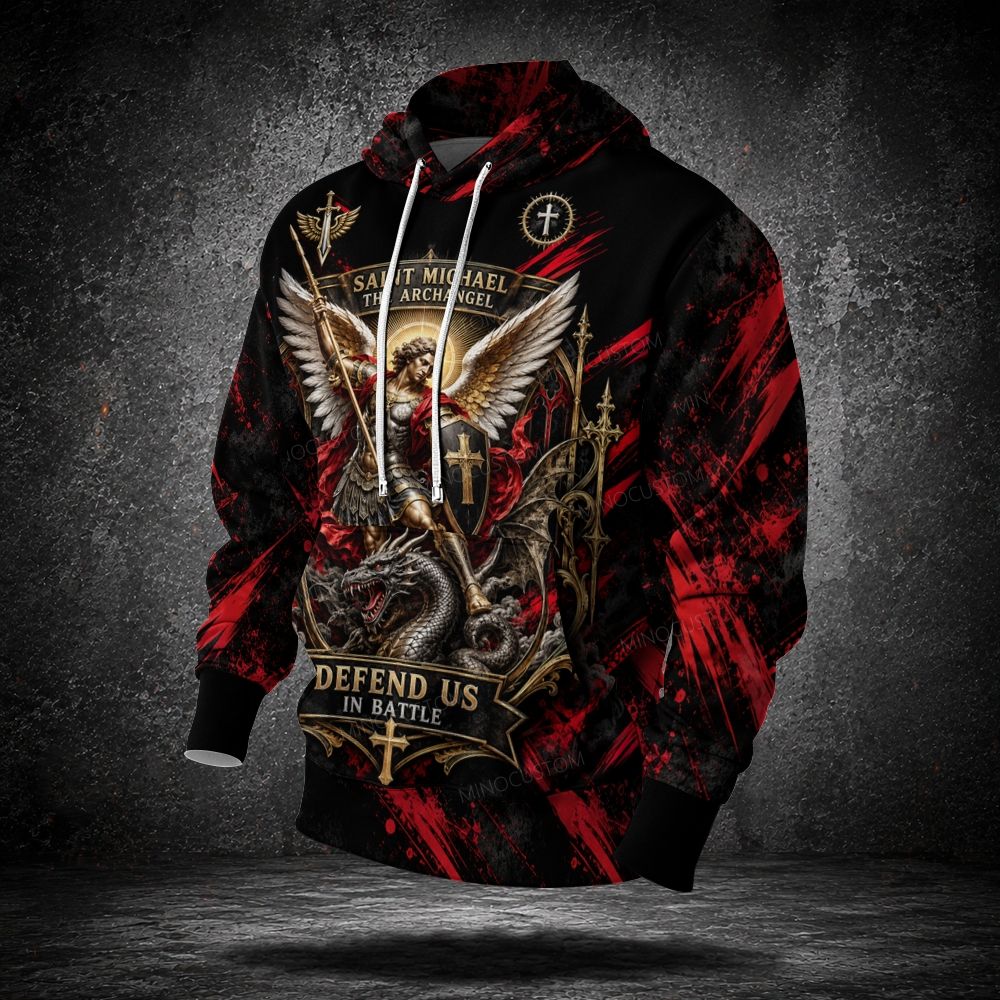 Men's Heroic Saint Michael Archangel Dragon Long Sleeve Fleece Hoodie