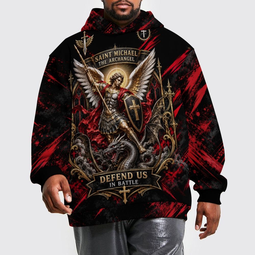 Men's Heroic Saint Michael Archangel Dragon Long Sleeve Fleece Hoodie