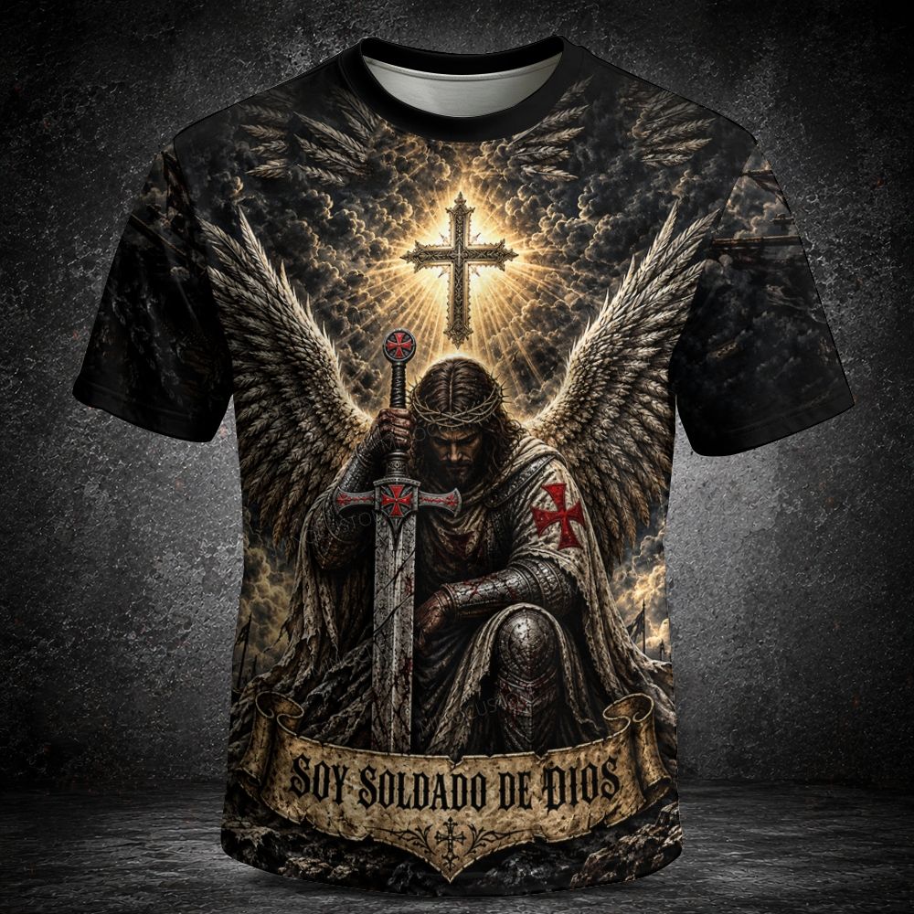Men's  Faith Warrior , Vintage Full Print Christian Tee, Soy Soldado De Dios Short Sleeve T-shirt
