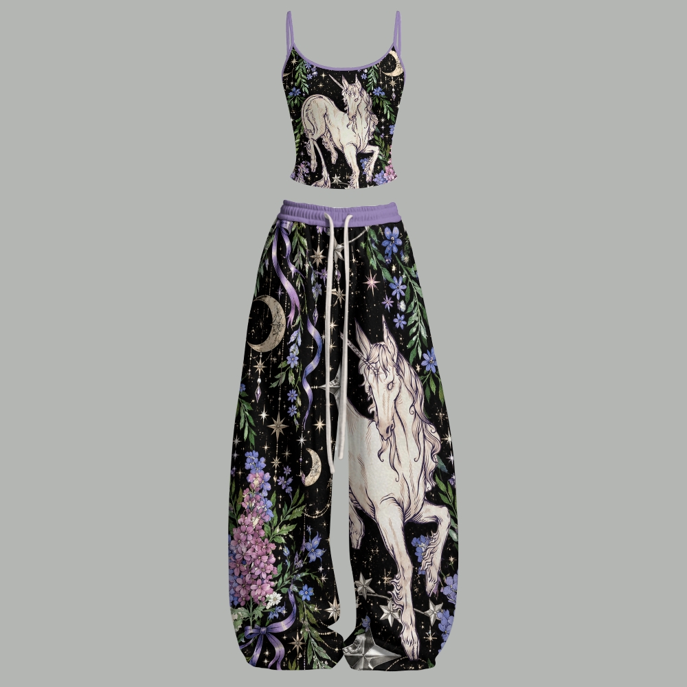 Mystic Unicorn Floral Moon Star Top & Elasticated Trousers Two-Piece Set