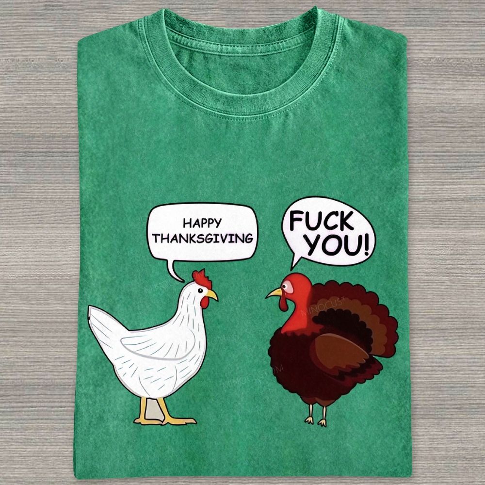 Cute Chicken Turkey Thanksgiving Cartoon Washed T-shirt