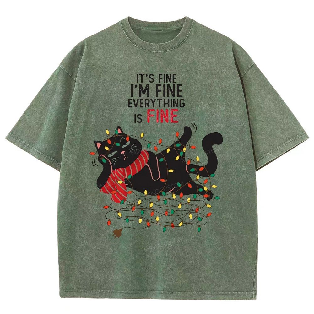 It's Fine I'm Everything Is Fine Black Cat Christmas Lights Unisex Fit Washed T-Shirt