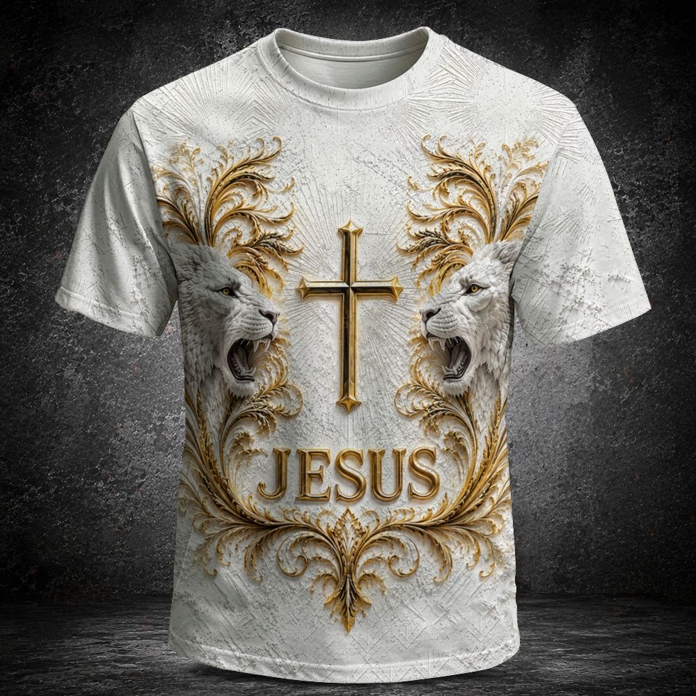 Twin White Lions Faith Full Print Short Sleeve T-shirt 