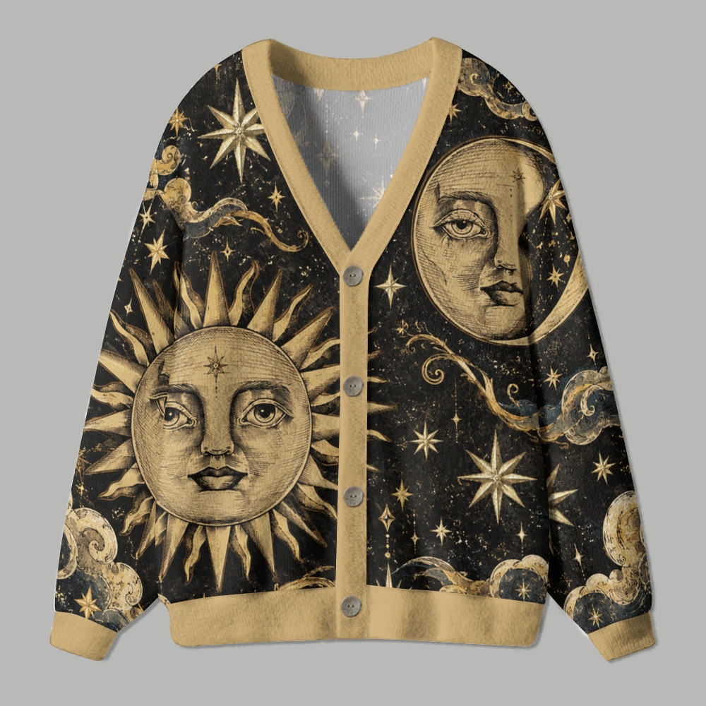 Vintage Celestial Sun Moon Star Art Ugly Cardigan Sweater