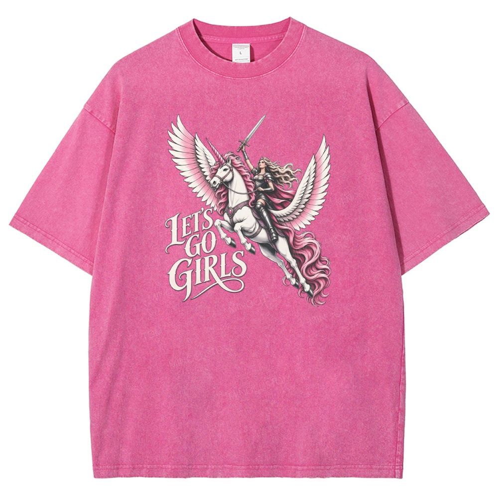 Let’s Go Girls Warrior Princess On Winged Unicorn Washed T-shirt