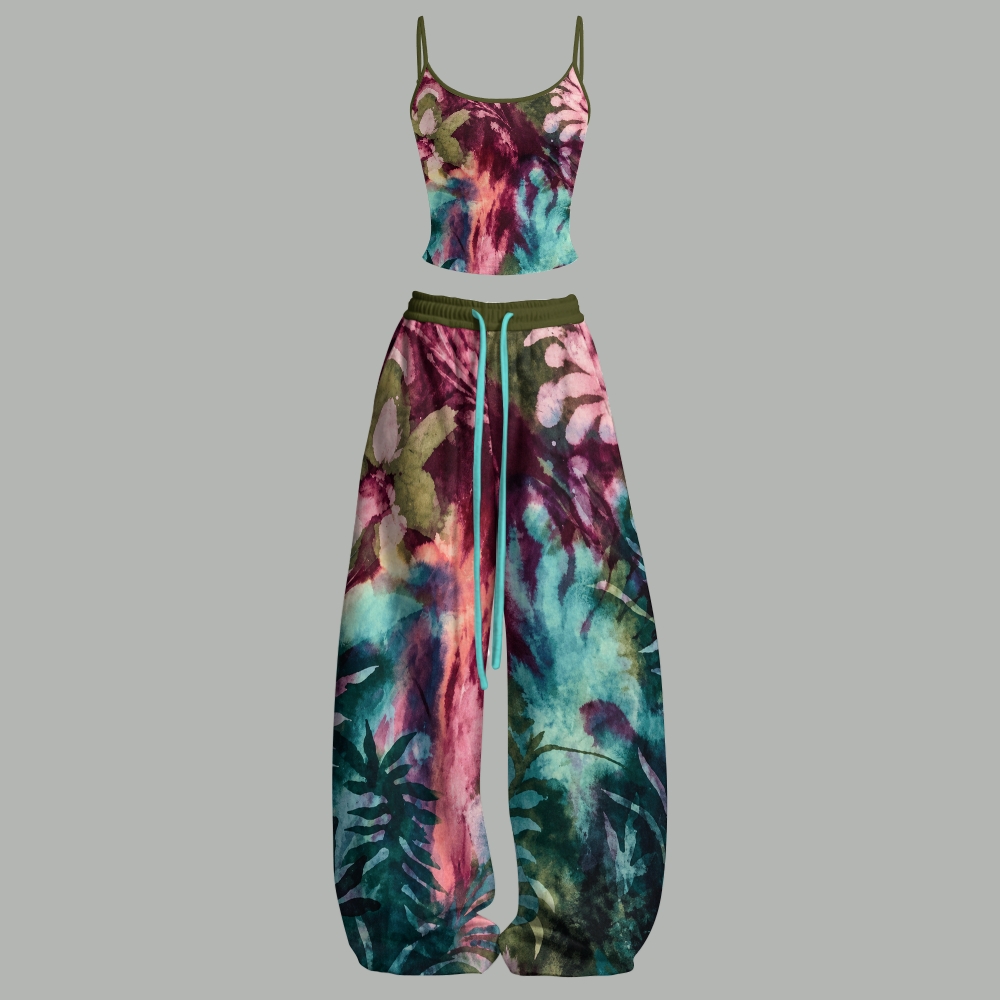 Tropical Watercolor Jungle Leaf Top & Elasticated Trousers Two-Piece Set