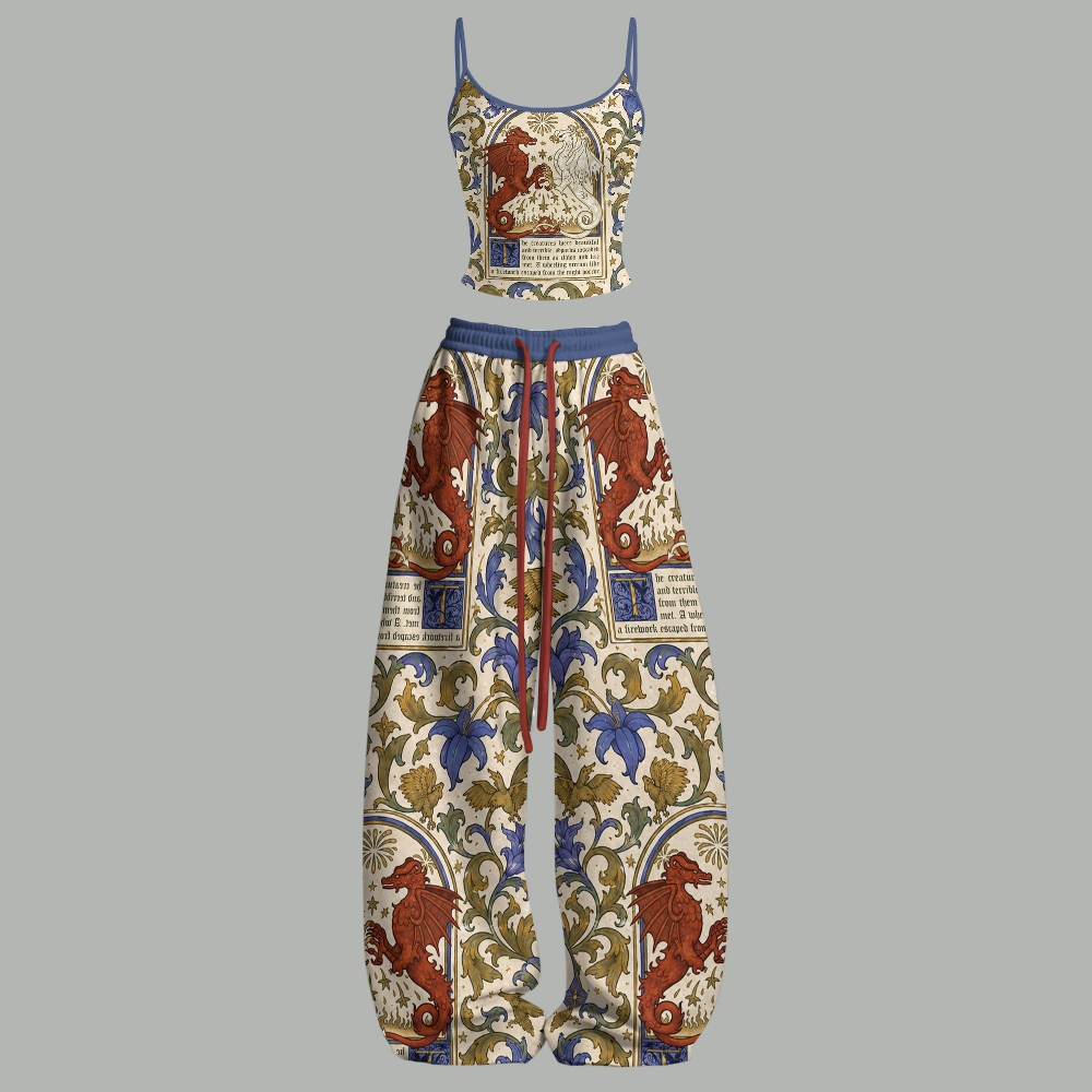 Medieval Dragon Illuminated Manuscript Art Top & Elasticated Trousers Two-Piece Set