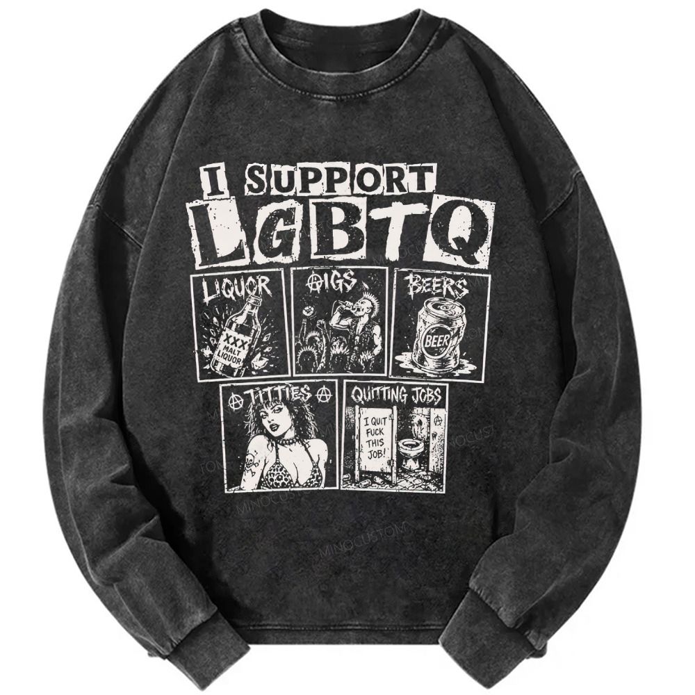Unisex Casual Washed I Support LGBTQ Retro Punk Comic Graphic Printed Long Sleeve T-shirt