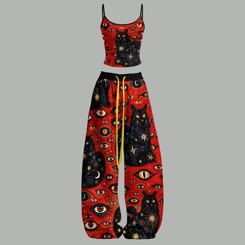 Witchy Black Cat All Seeing Eye Mystic Top & Elasticated Trousers Two-Piece Set