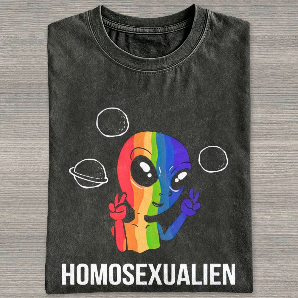 Vintage Washed Rainbow Alien Graphic Washed T-shirt