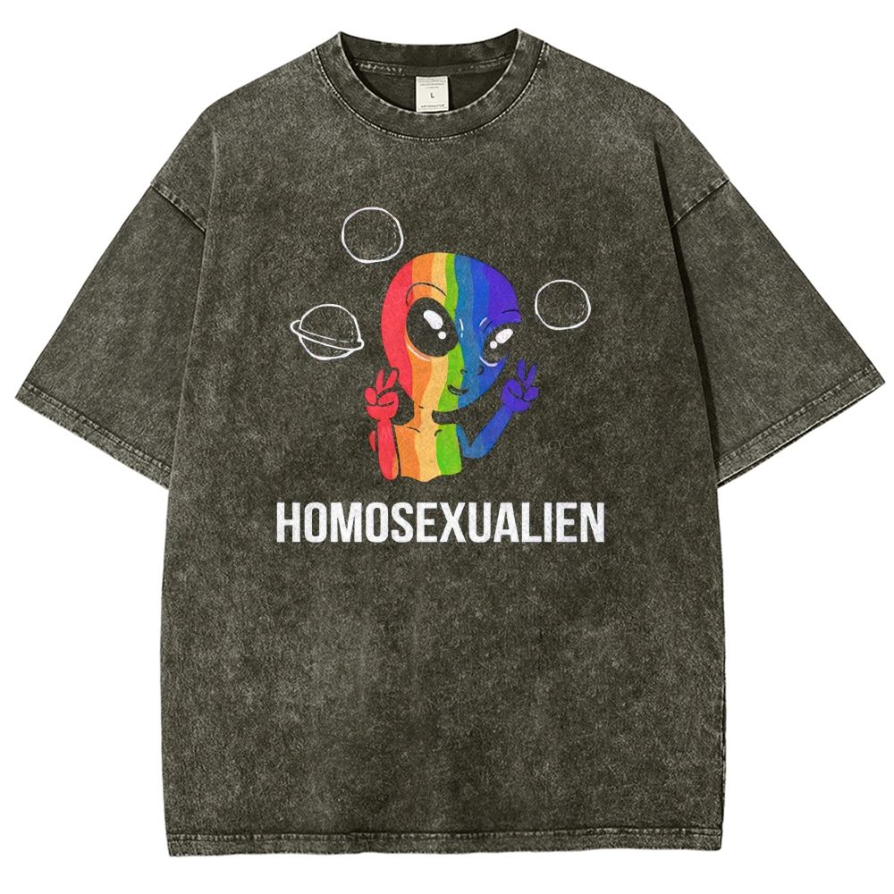 Vintage Washed Rainbow Alien Graphic Washed T-shirt