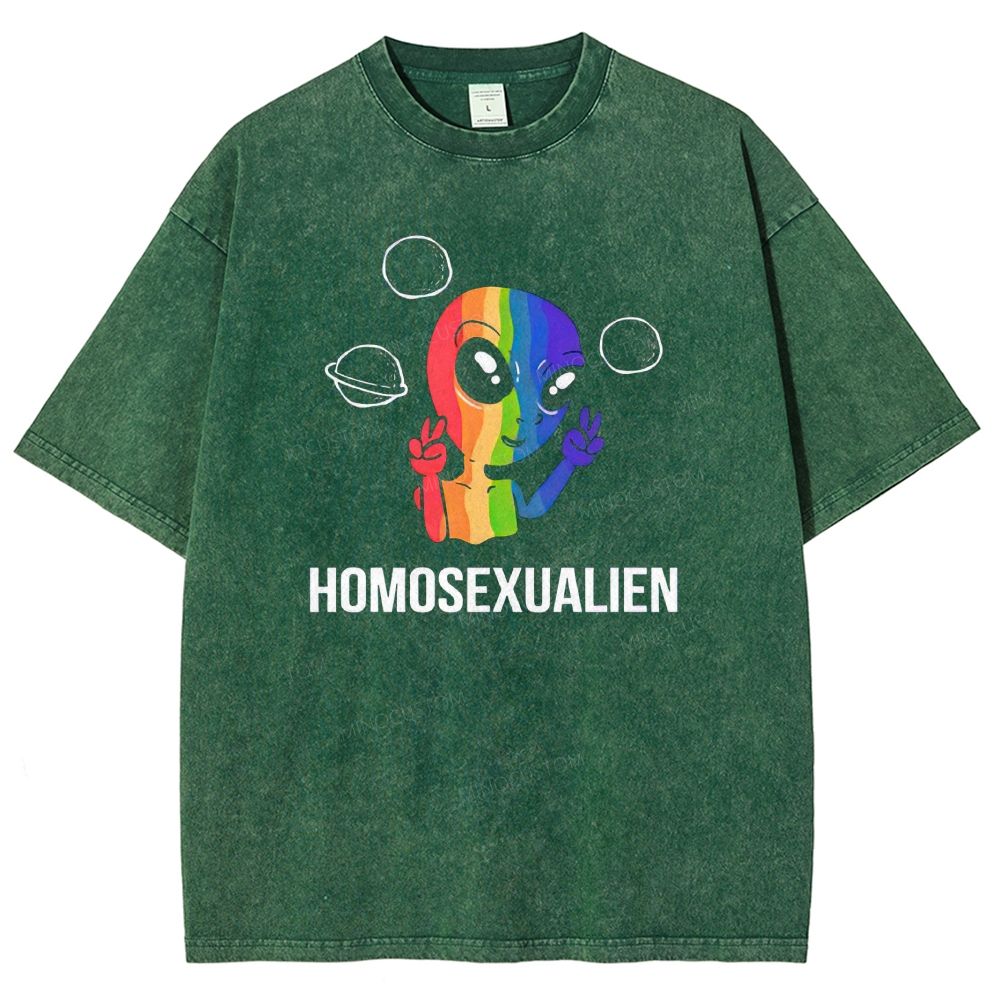Vintage Washed Rainbow Alien Graphic Washed T-shirt