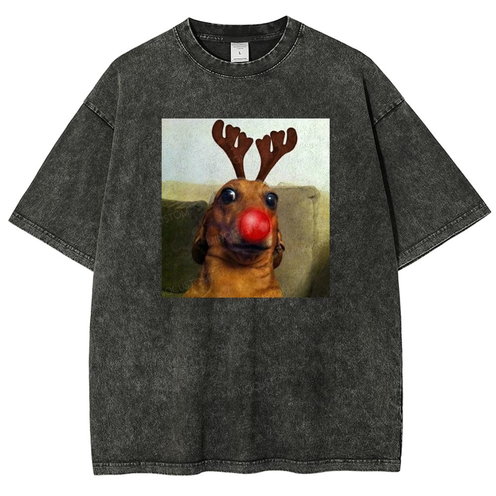 Vintage Washed Dachshund Reindeer Christmas Cartoon Washed T-shirt