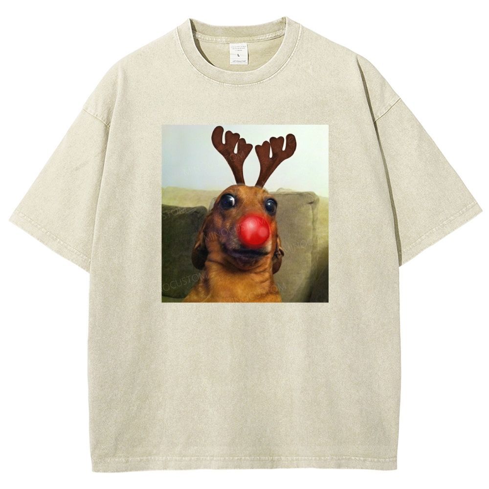 Vintage Washed Dachshund Reindeer Christmas Cartoon Washed T-shirt