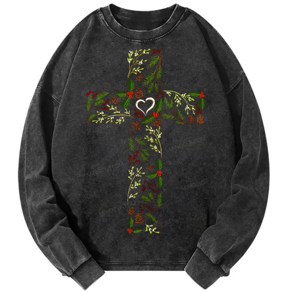 Winter Botanical Cross Pinecone Berry Faith Unisex Casual Washed Printed Long Sleeve T-shirt