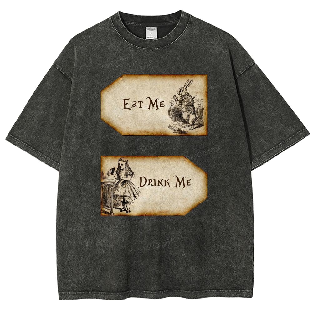 Eat Me Drink Me Vintage Fairy Tale Label Rabbit Graphic Unisex Fit Washed T-Shirt