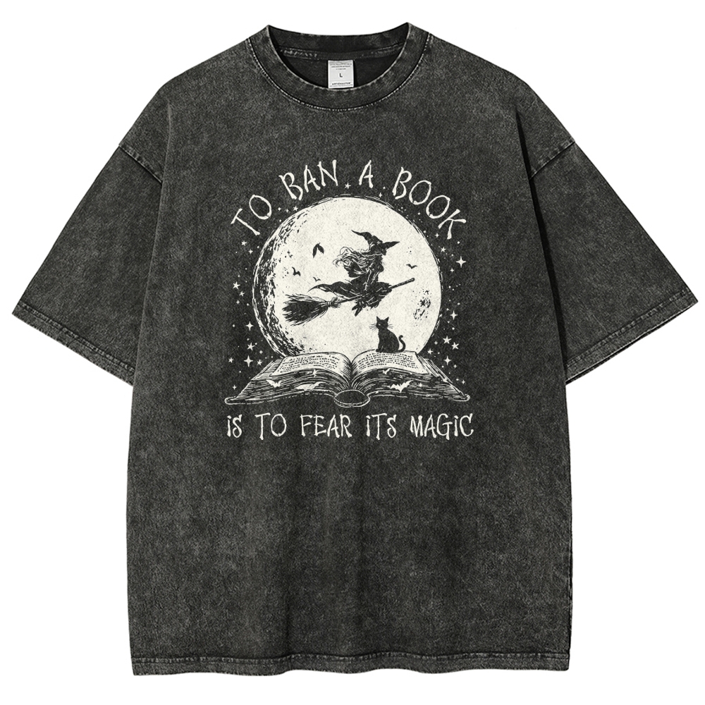 Vintage Witch Broom Book Quote Moon Washed T-shirt