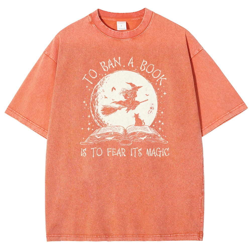 Vintage Witch Broom Book Quote Moon Washed T-shirt