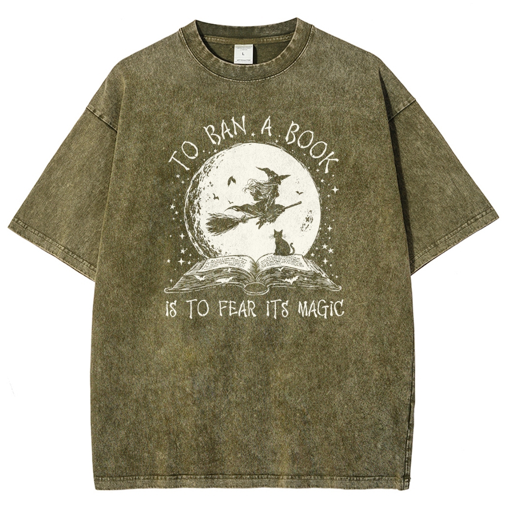 Vintage Witch Broom Book Quote Moon Washed T-shirt