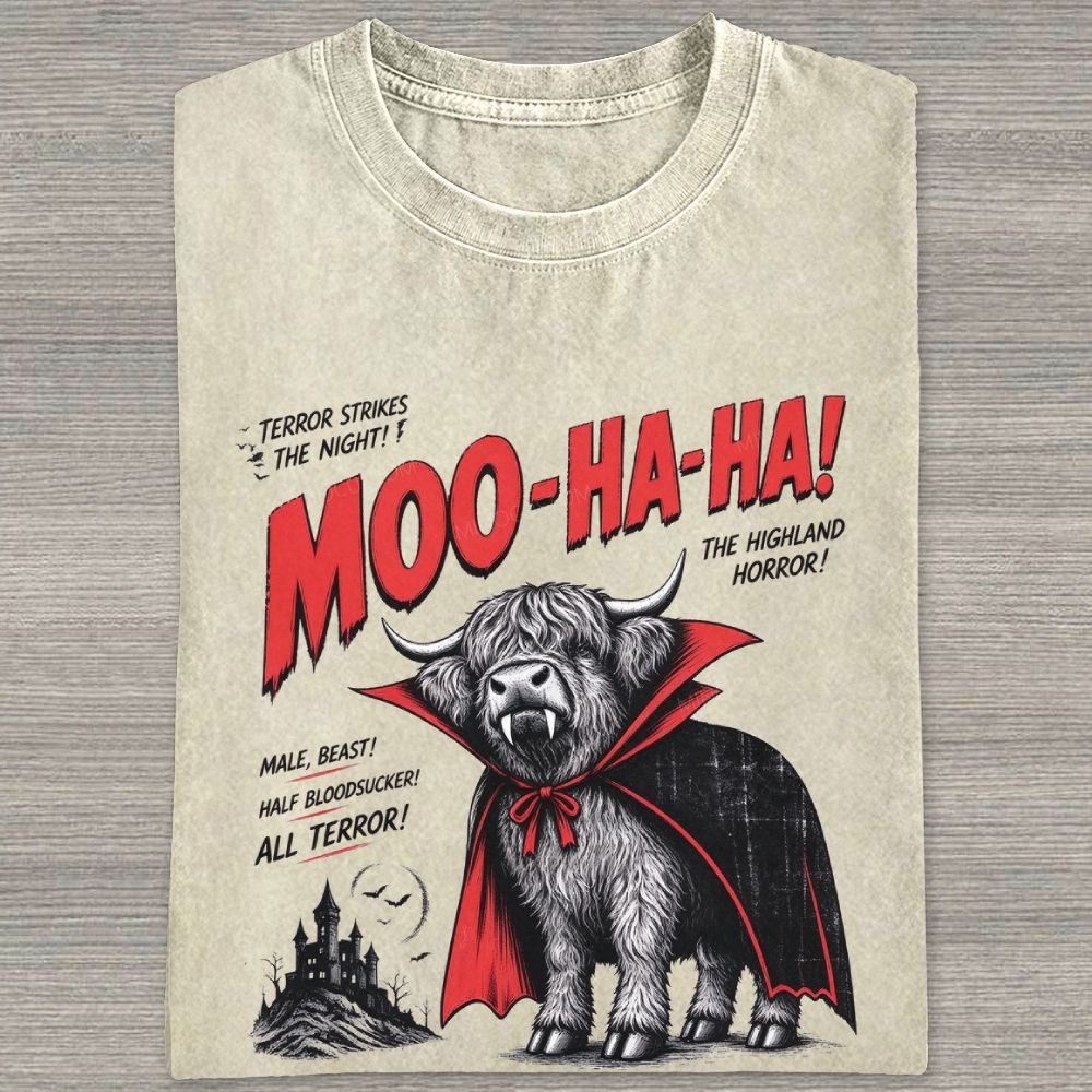 Moo-Ha-Ha Highland Cow Vampire Retro Horror Washed T-shirt