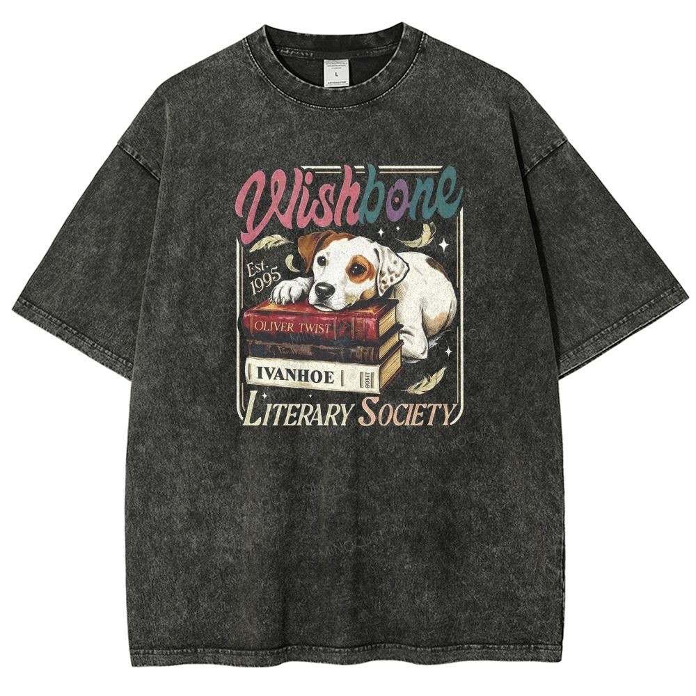 Wishbone Literary Society Est 1995 Retro Dog Book Washed T-shirt
