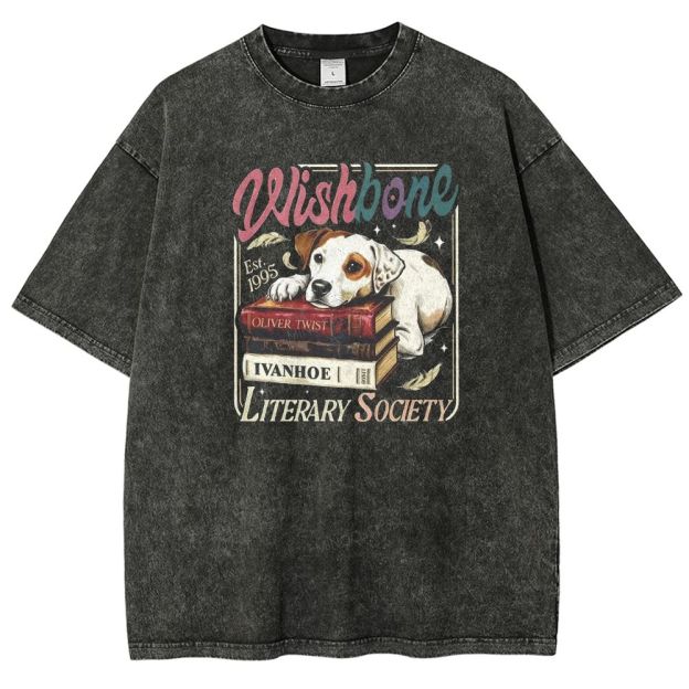 Wishbone Literary Society Est 1995 Retro Dog Book Washed T-shirt