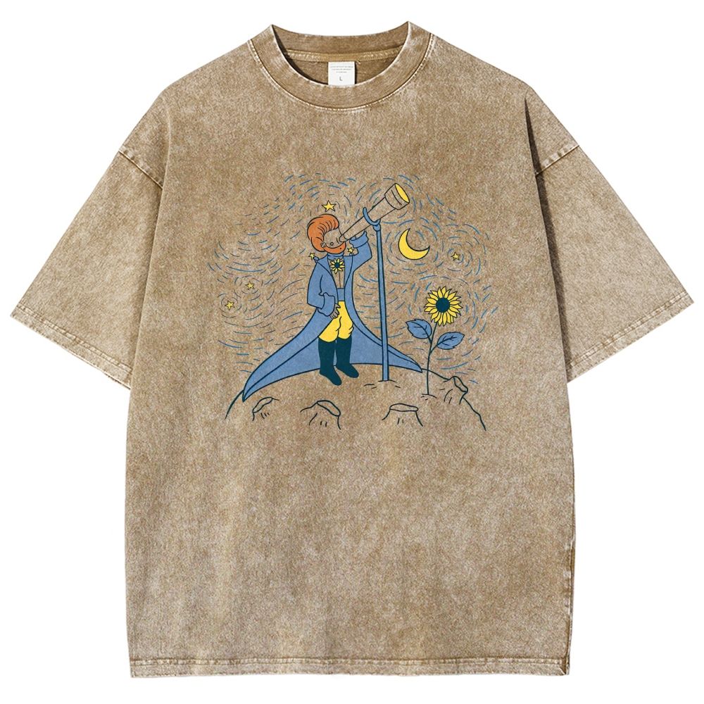 Starry Sky Sunflower Astronomer Cartoon Washed T-shirt