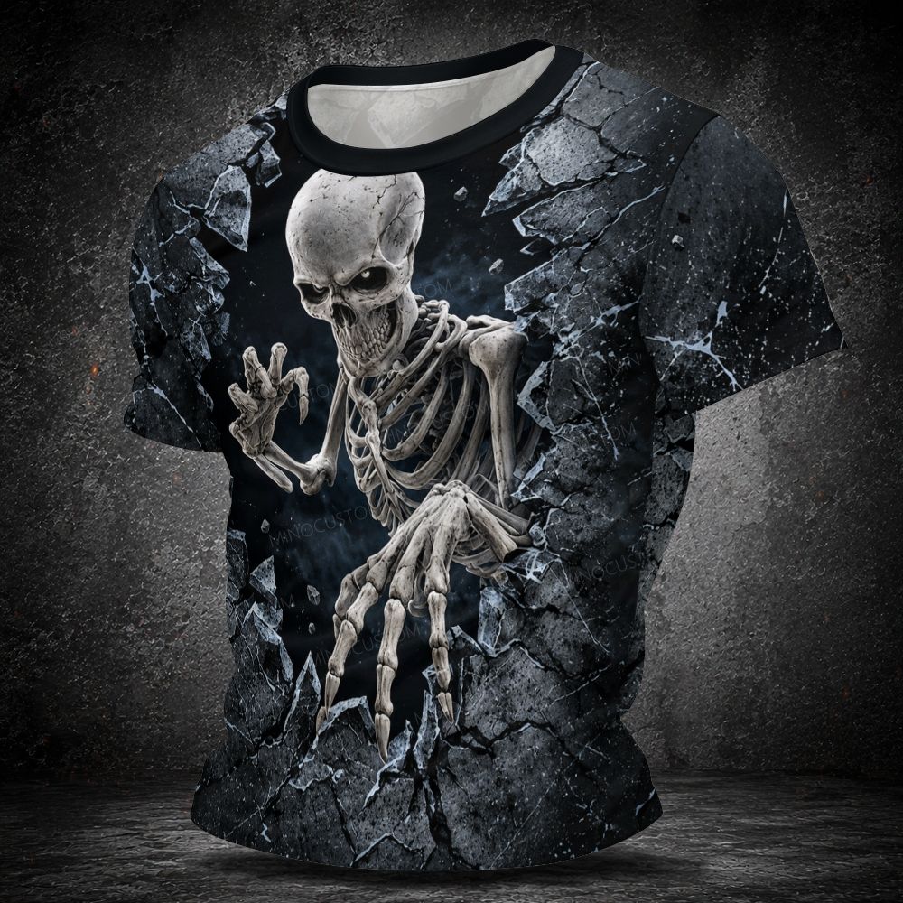 Men's  Vintage Breaking Cracked Stone Skeleton 3D Short Sleeve T-shirt