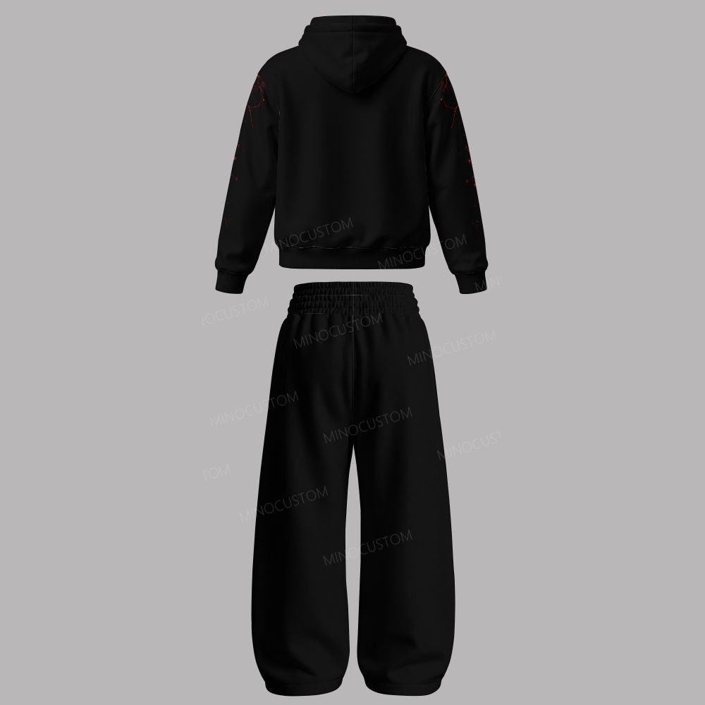 Red Glowing Eyes Flame Skull Man-Hoodie and Pants Set