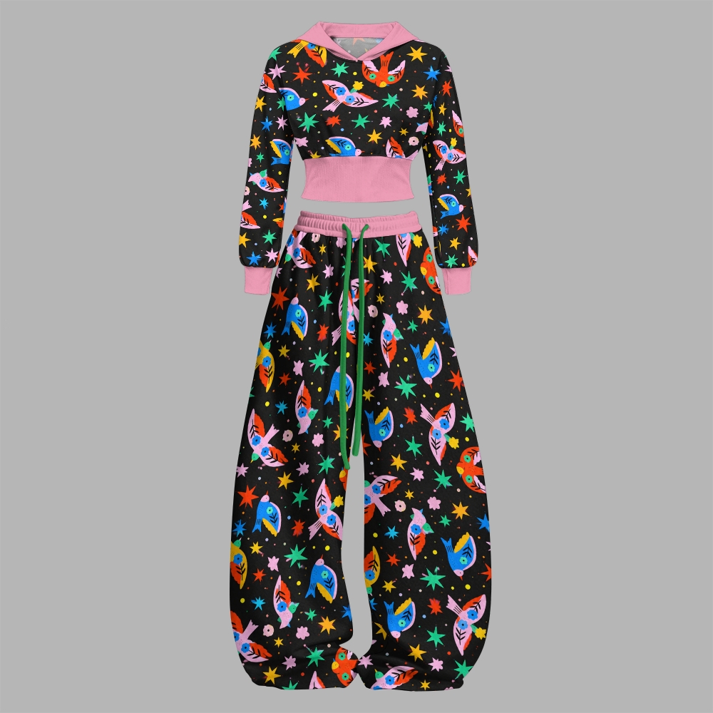 Funky Colorful Folk Bird Star Slim-Fit Sweatshirt Set 