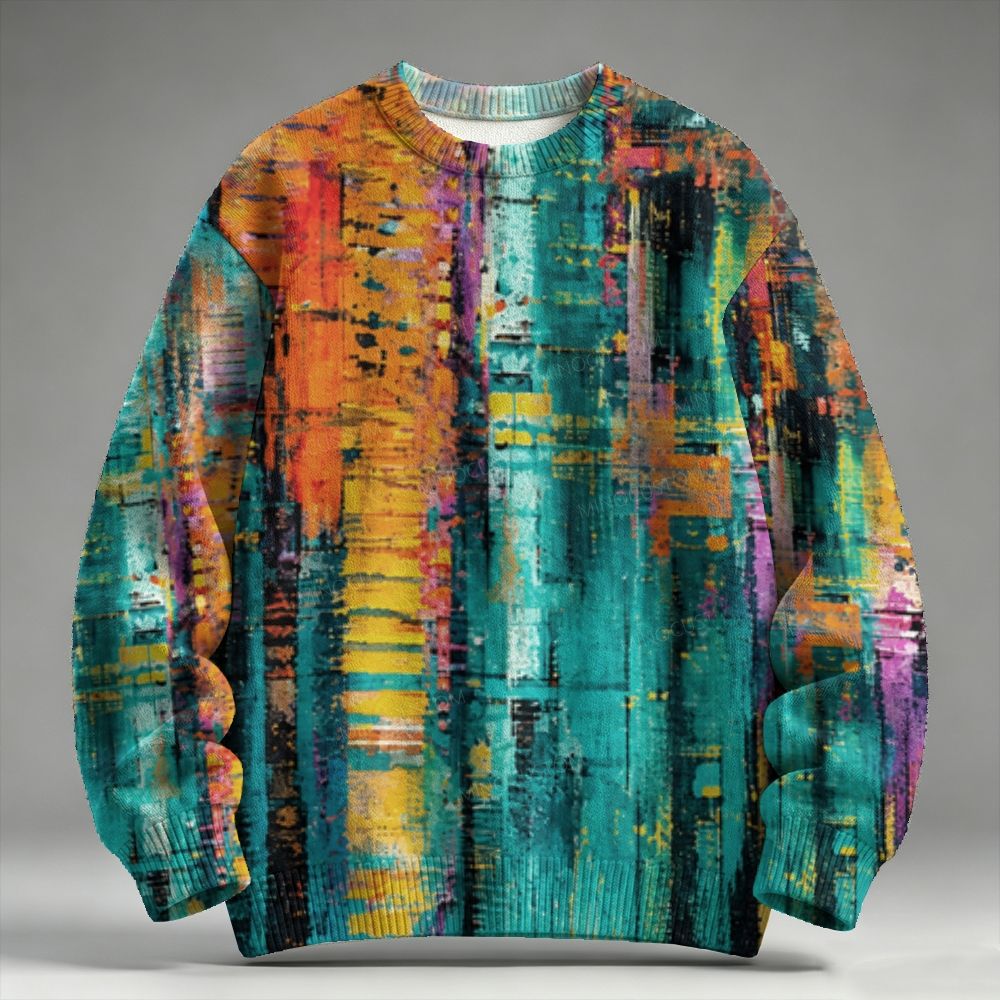Men's Retro Abstract Geometric Print Long-sleeve Crew Neck Sweater