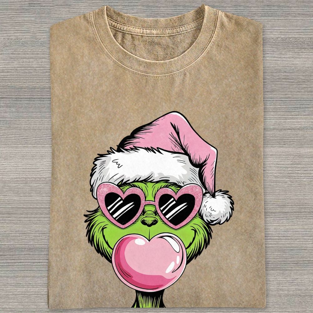 Pink Santa Hat Green Fuzzy Creature Blowing Bubblegum Washed T-shirt