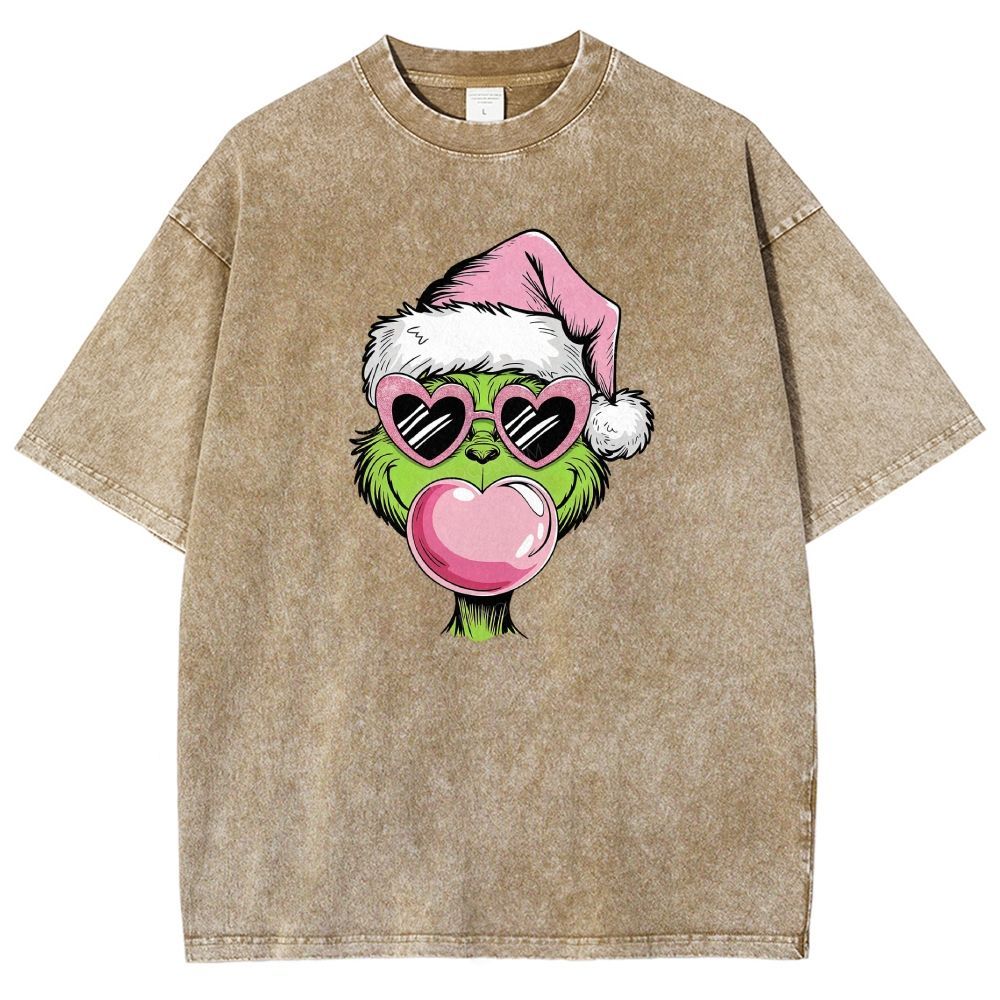 Pink Santa Hat Green Fuzzy Creature Blowing Bubblegum Washed T-shirt