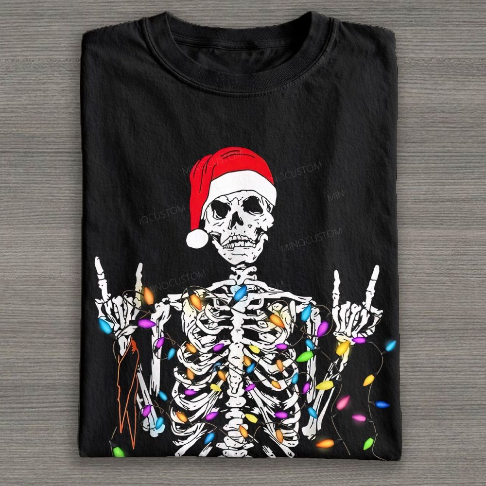 Christmas Skeleton Rock Hand Cotton T-shirt