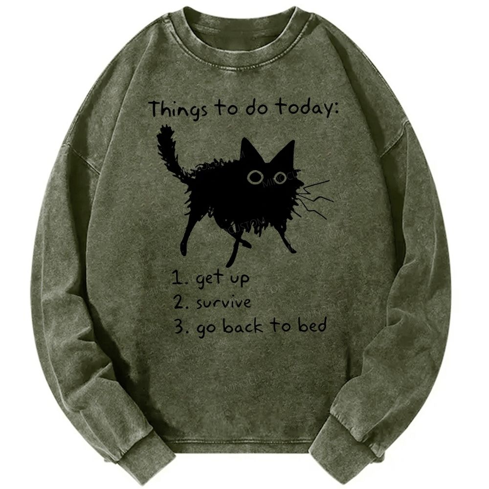 Things To Do Today Funny Black Cat Vintage Unisex Casual Washed Printed Long Sleeve T-shirt
